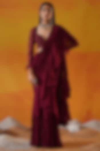 Maroon Georgette Draped Saree Set by Kapda Dori at Pernia's Pop Up Shop