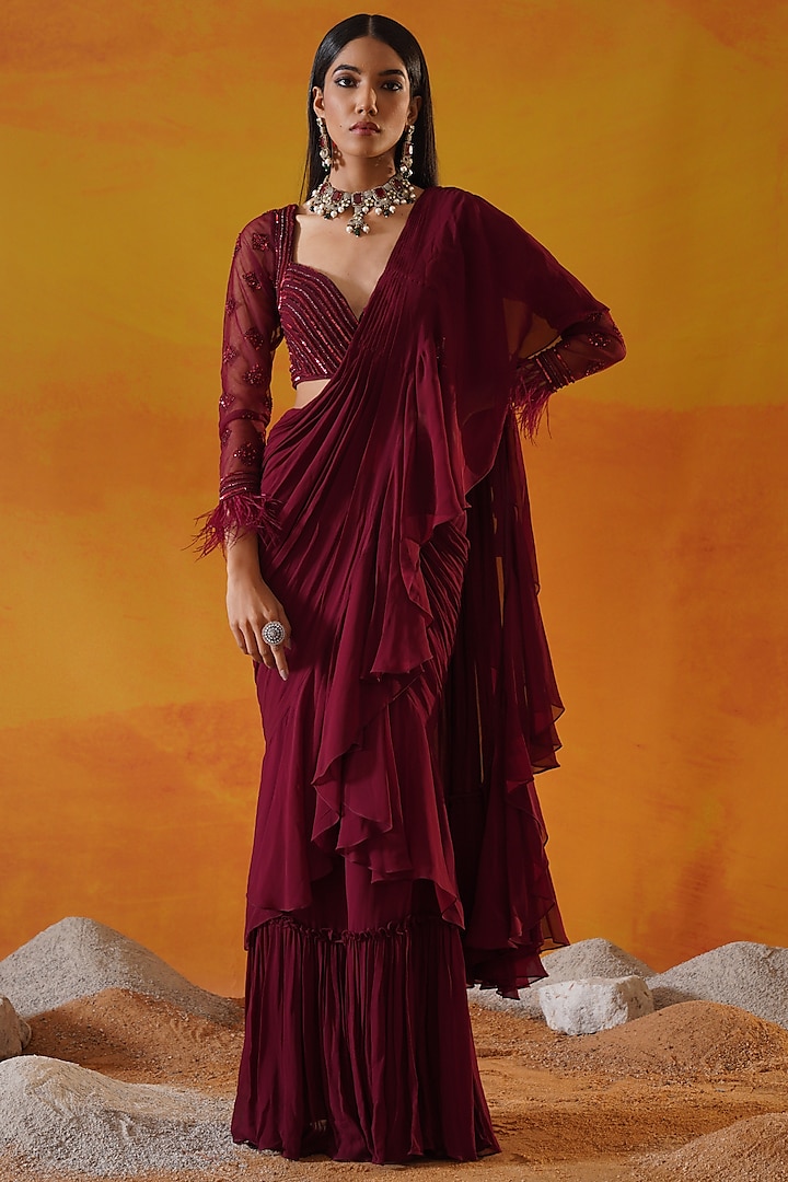 Maroon Georgette Draped Saree Set by Kapda Dori at Pernia's Pop Up Shop