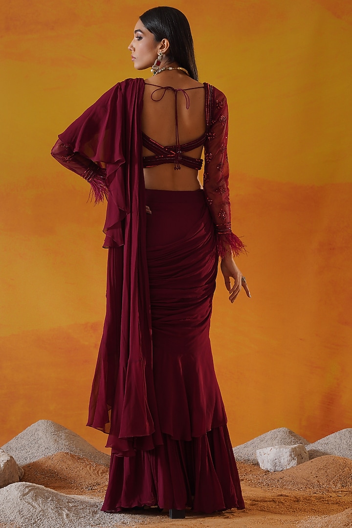 Maroon Georgette Draped Wedding Saree Set by Kapda Dori at Pernia's Pop Up Shop