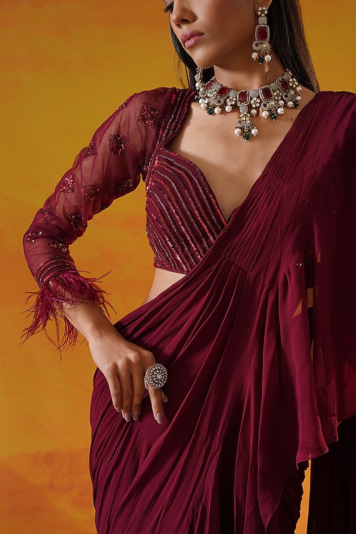Maroon Georgette Draped Wedding Saree Set by Kapda Dori at Pernia's Pop Up Shop