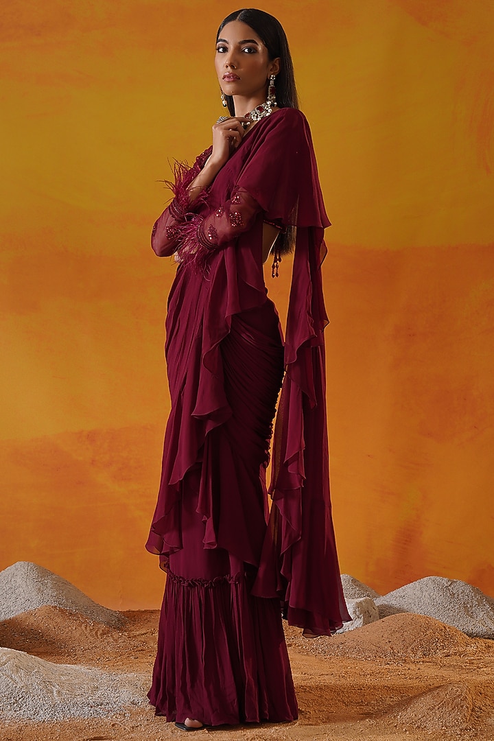Maroon Georgette Draped Wedding Saree Set by Kapda Dori at Pernia's Pop Up Shop