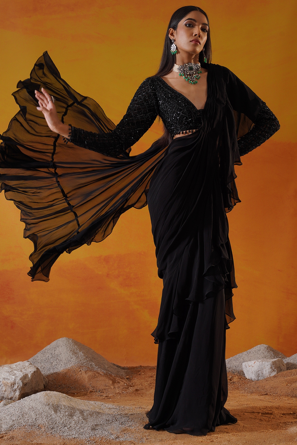 Chinon chiffon Black Saree in Mirror,embroidered - SR23280