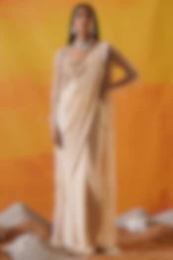 Ivory Georgette & Net Draped Jacket Saree Set by Kapda Dori