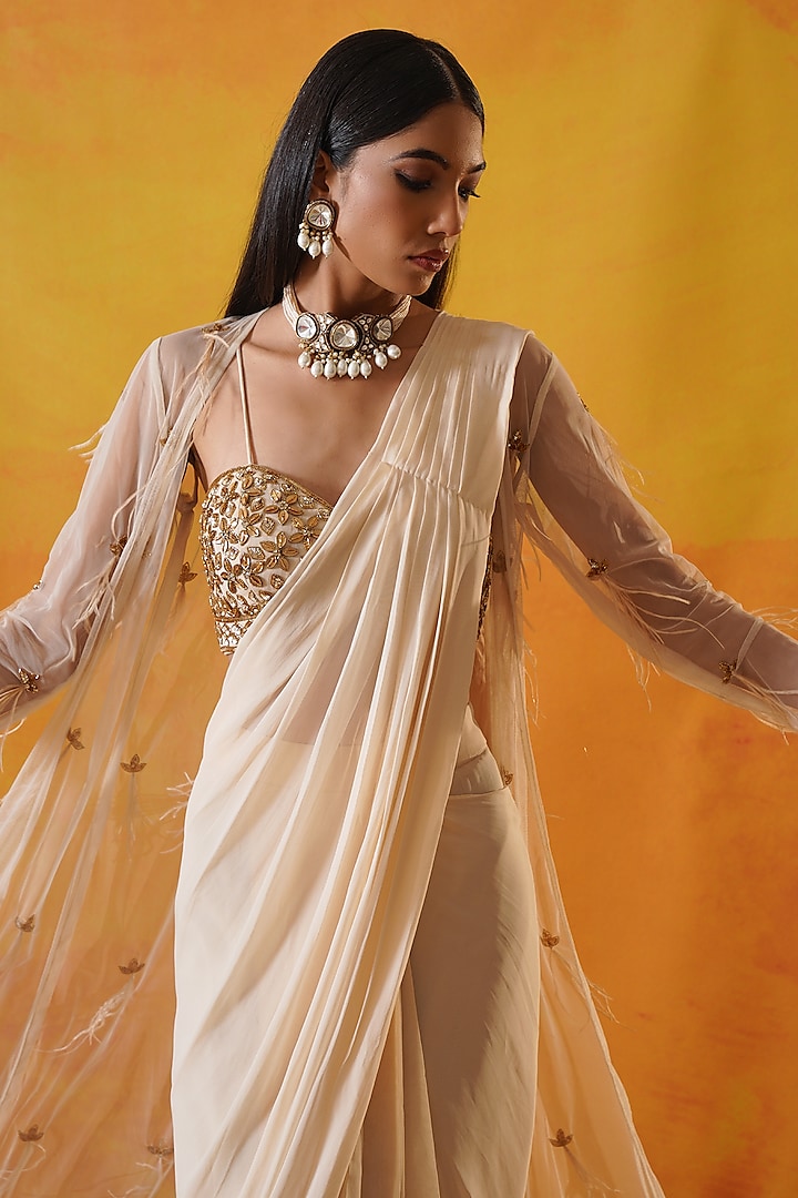 Ivory Georgette & Net Draped Jacket Wedding Saree Set by Kapda Dori at Pernia's Pop Up Shop