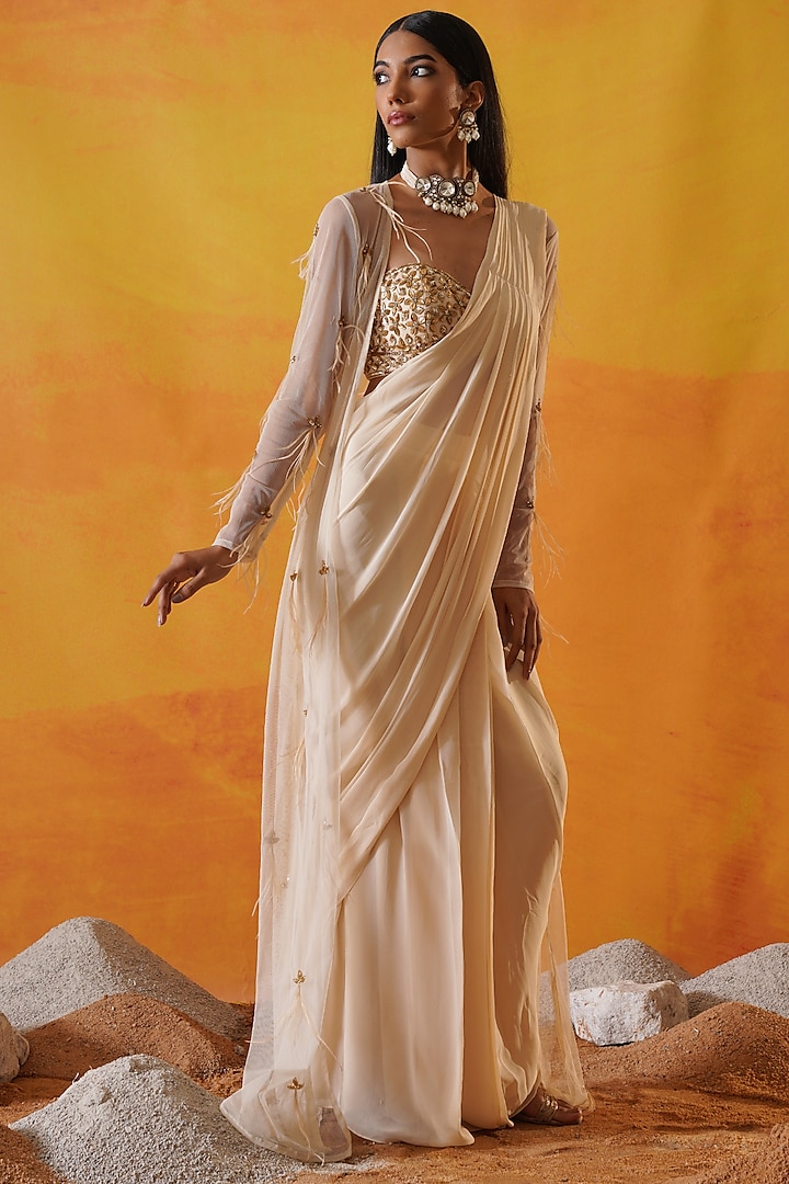 Ivory Georgette Net Draped Jacket Wedding Saree Set by Kapda Dori at  Pernia's Pop Up Shop