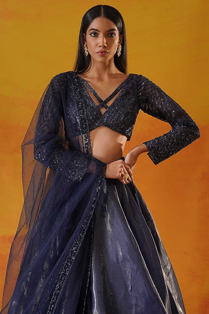 Navy Blue Organza Tissue Wedding Lehenga Set by Kapda Dori at Pernia's Pop Up Shop