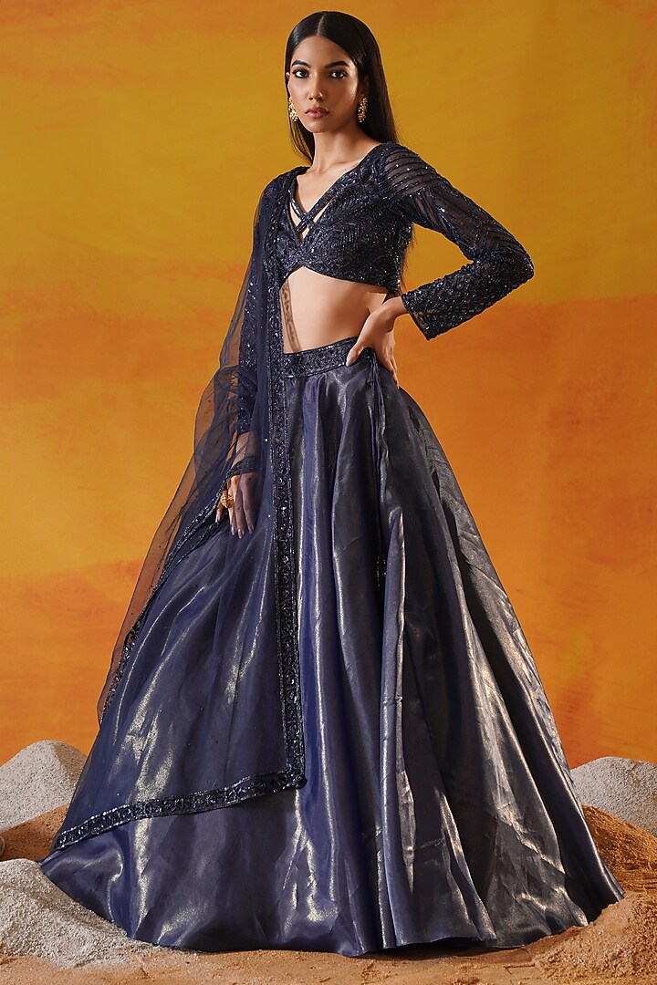 Navy Blue Organza Tissue Wedding Lehenga Set by Kapda Dori at Pernia's Pop Up Shop