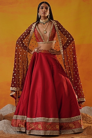 Maroon Dupion Silk Lehenga Set by Kapda Dori