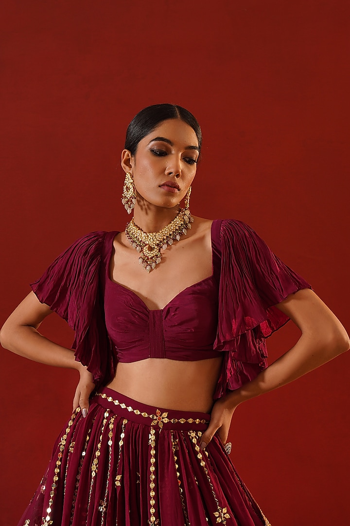 Burgundy Georgette Sequins Embroidered Wedding Lehenga Set by Kapda Dori at Pernia's Pop Up Shop