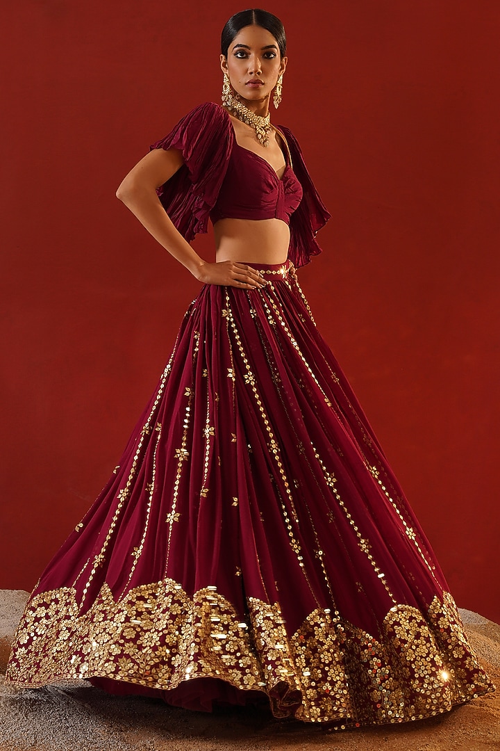 Burgundy Georgette Sequins Embroidered Wedding Lehenga Set by Kapda Dori at Pernia's Pop Up Shop