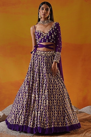 Purple Georgette Embroidered Lehenga Set by Kapda Dori