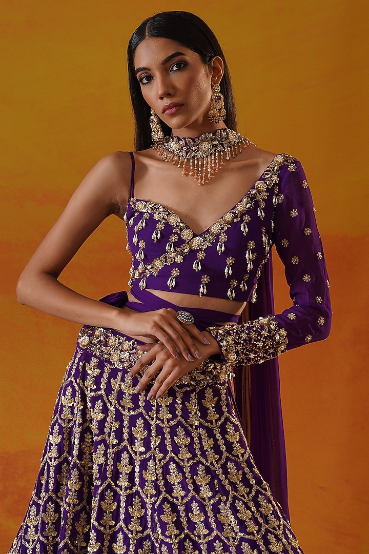 Purple Georgette Embroidered Wedding Lehenga Set by Kapda Dori at Pernia's Pop Up Shop