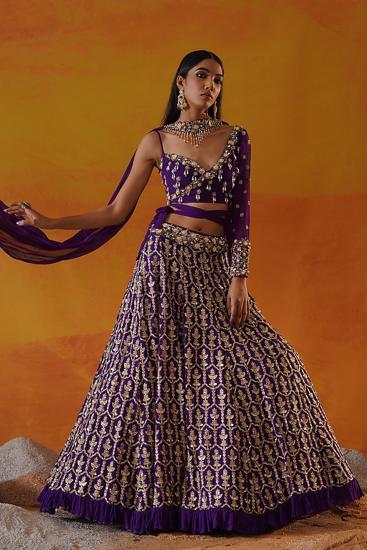 Purple Georgette Embroidered Wedding Lehenga Set by Kapda Dori at Pernia's Pop Up Shop