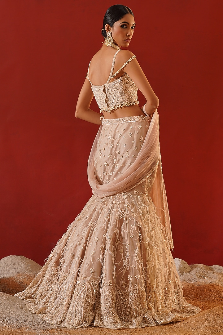 Beige Net Sequins Embroidered Bridal Lehenga Set by Kapda Dori at Pernia's Pop Up Shop