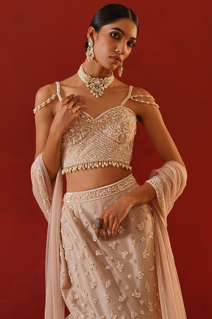Beige Net Sequins Embroidered Bridal Lehenga Set by Kapda Dori at Pernia's Pop Up Shop