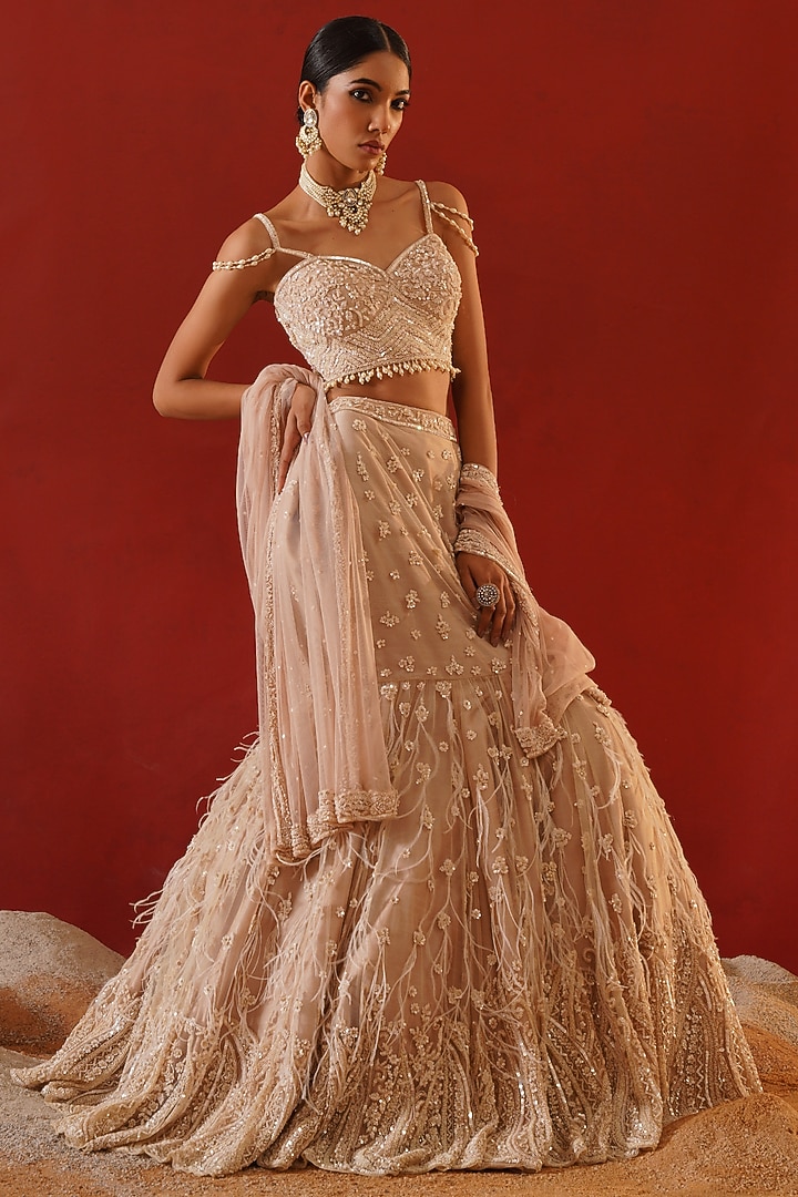 Beige Net Sequins Embroidered Bridal Lehenga Set by Kapda Dori at Pernia's Pop Up Shop