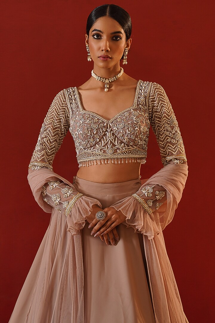 Blush Pink Satin Georgette Wedding Lehenga Set by Kapda Dori at Pernia's Pop Up Shop