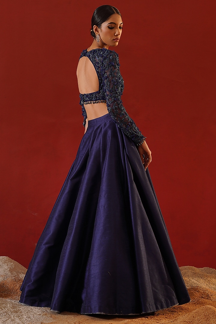 Navy Blue Dupion Silk Wedding Lehenga Set by Kapda Dori at Pernia's Pop Up Shop