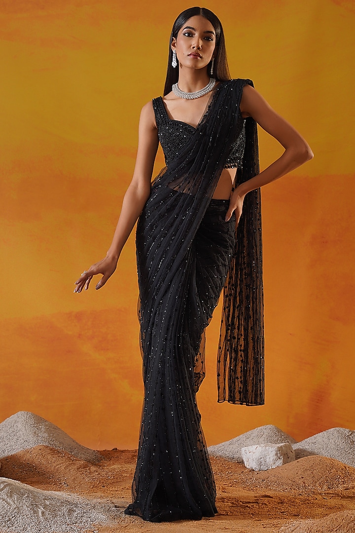 Black Net Draped Saree Set by Kapda Dori