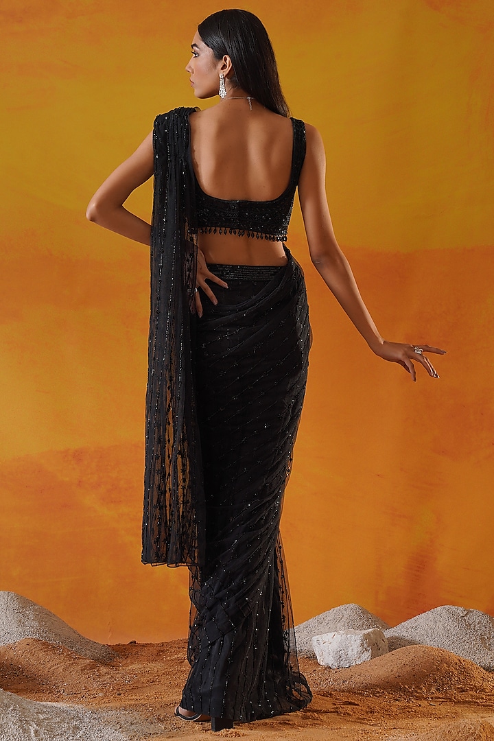 Black Net Draped Reception Saree Set by Kapda Dori at Pernia's Pop Up Shop