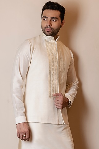 Ivory Double Matka Pitta Embroidered Nehru Jacket by Kaleidoscope