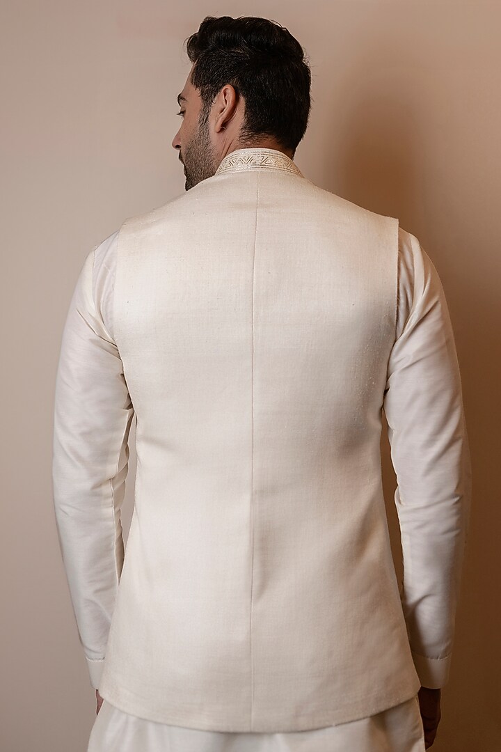 Ivory Double Matka Pitta Embroidered Nehru Jacket by Kaleidoscope at Pernia's Pop Up Shop