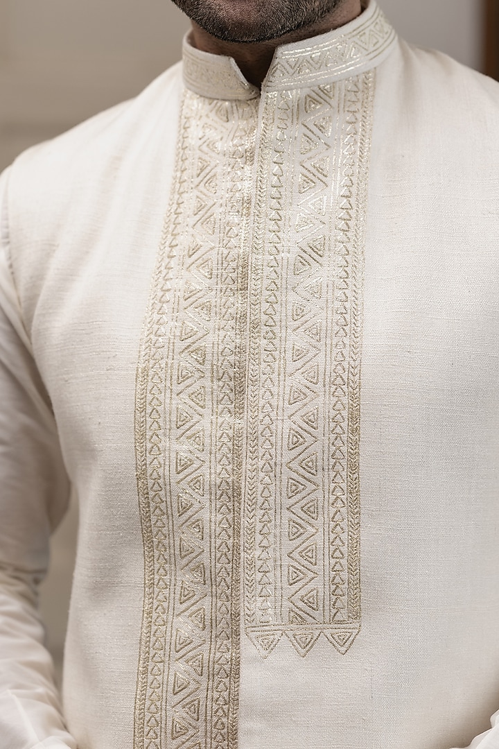 Ivory Double Matka Pitta Embroidered Nehru Jacket by Kaleidoscope at Pernia's Pop Up Shop