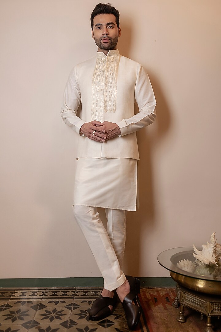 Ivory Double Matka Pitta Embroidered Nehru Jacket by Kaleidoscope at Pernia's Pop Up Shop