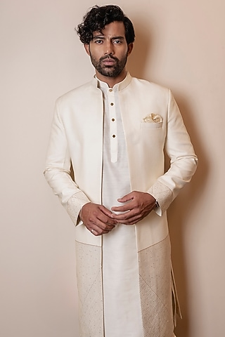 Ivory Moonga Silk Indowestern Jacket by Kaleidoscope