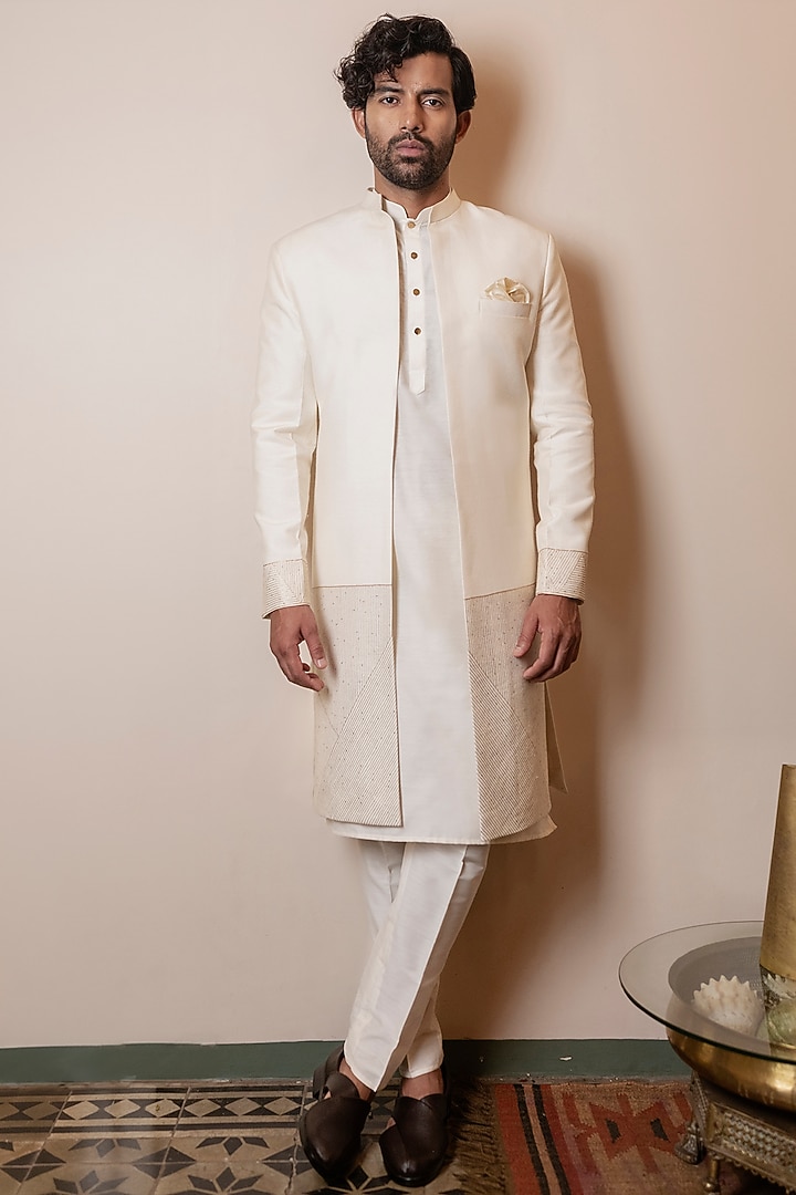 Ivory Moonga Silk Wedding Indowestern Jacket by Kaleidoscope at Pernia's Pop Up Shop