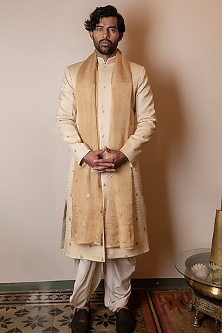 Gold Moonga Silk Marodi Embroidered Sherwani With Stole by Kaleidoscope