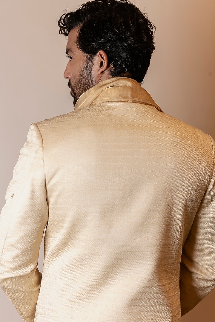 Gold Moonga Silk Marodi Embroidered Groom Sherwani With Stole by Kaleidoscope at Pernia's Pop Up Shop