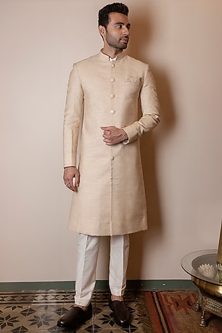 Beige Moonga Silk Sherwani by Kaleidoscope