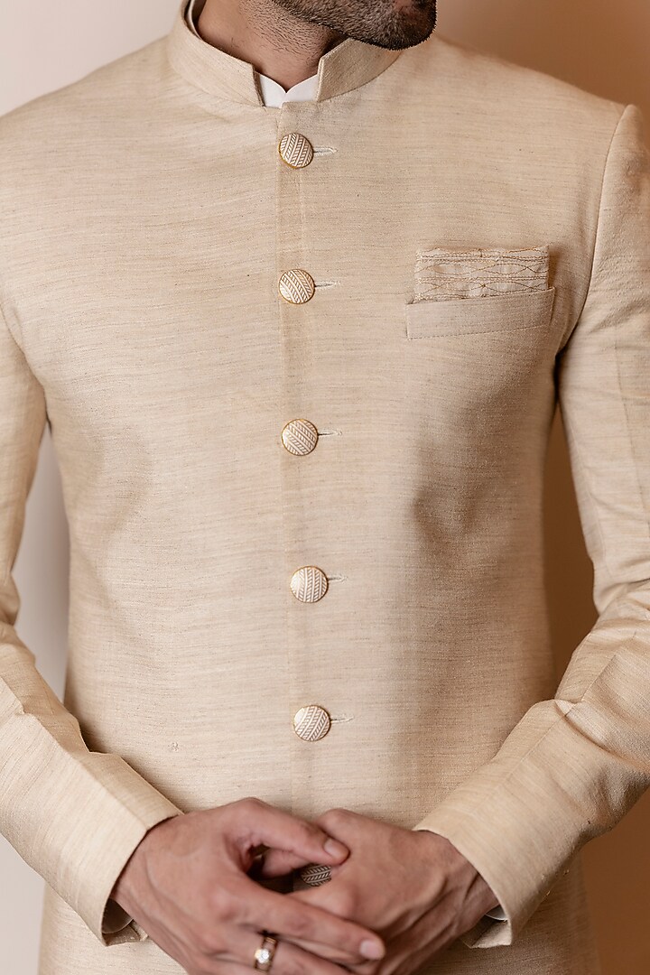 Beige Moonga Silk Wedding Sherwani by Kaleidoscope at Pernia's Pop Up Shop