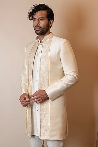 Ivory Raw Silk Zardosi Embroidered Indowestern Jacket by Kaleidoscope