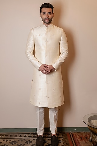 Ivory Raw Silk Resham Embroidered Sherwani by Kaleidoscope