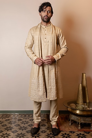 Khaki Beige Matka Silk Mirror Embroidered Kurta Set by Kaleidoscope