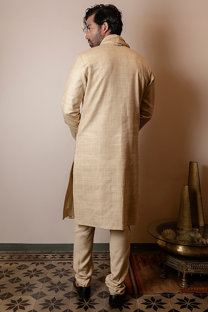 Khaki Beige Matka Silk Mirror Embroidered Kurta Set by Kaleidoscope at Pernia's Pop Up Shop