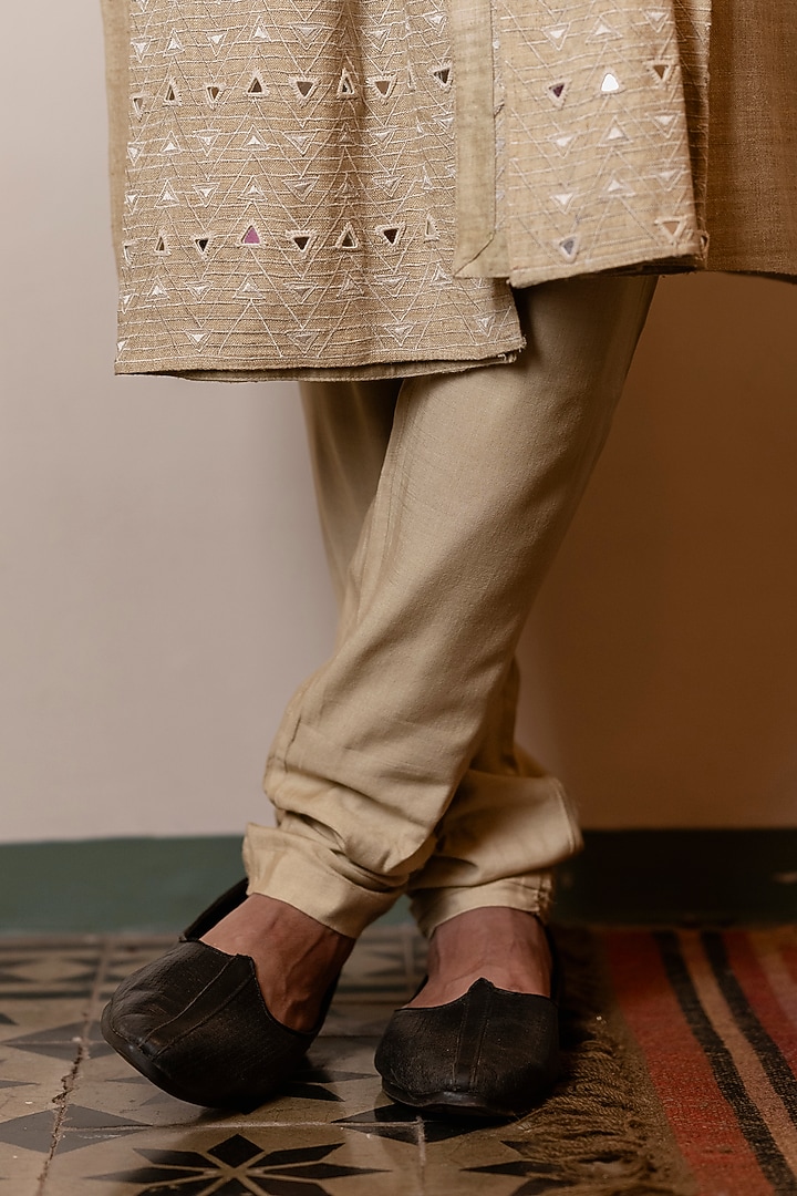 Khaki Beige Matka Silk Mirror Embroidered Kurta Set by Kaleidoscope at Pernia's Pop Up Shop
