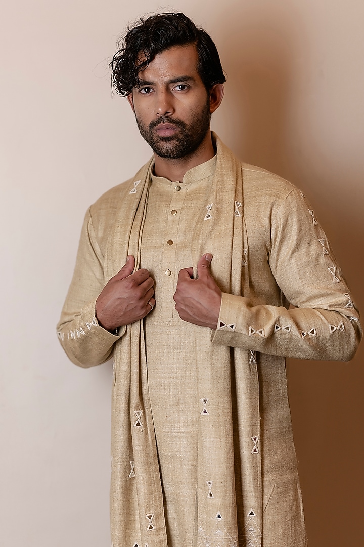 Khaki Beige Matka Silk Mirror Embroidered Kurta Set by Kaleidoscope at Pernia's Pop Up Shop
