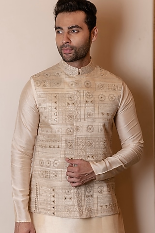 Beige Tussar Silk Resham Embroidered Nehru Jacket by Kaleidoscope