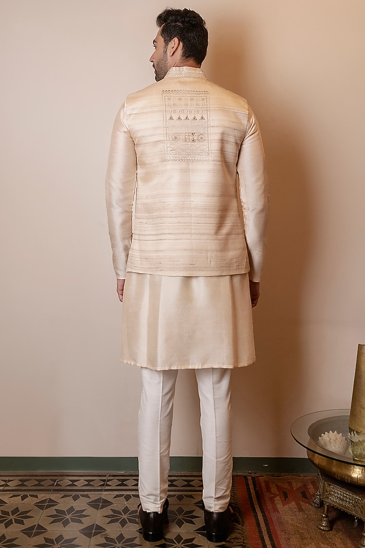 Beige Tussar Silk Resham Embroidered Nehru Jacket by Kaleidoscope at Pernia's Pop Up Shop