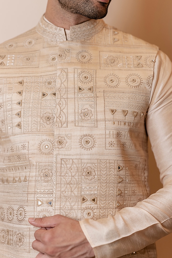 Beige Tussar Silk Resham Embroidered Nehru Jacket by Kaleidoscope at Pernia's Pop Up Shop