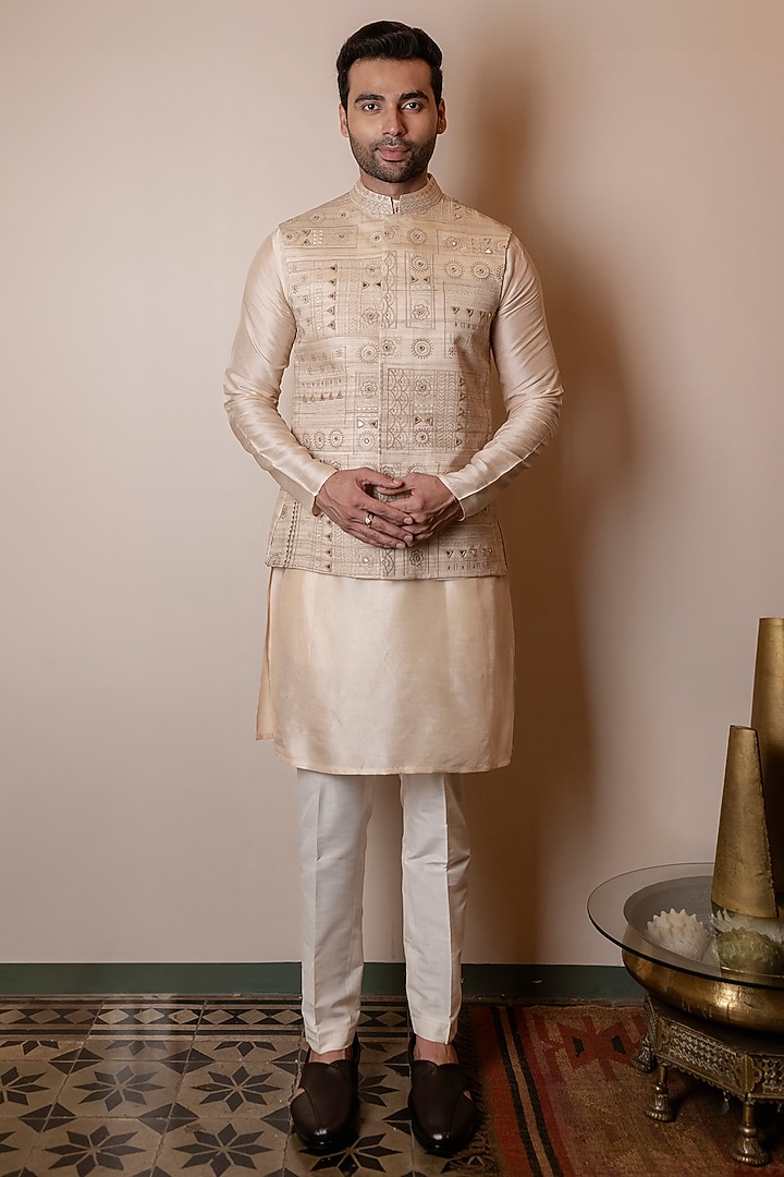 Beige Tussar Silk Resham Embroidered Nehru Jacket by Kaleidoscope at Pernia's Pop Up Shop