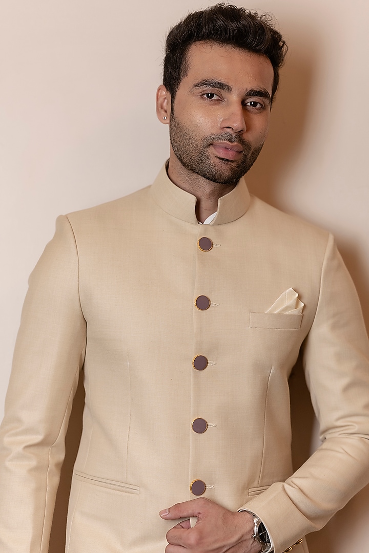 Beige Terry Woolen Wedding Bandhgala Set by Kaleidoscope at Pernia's Pop Up Shop
