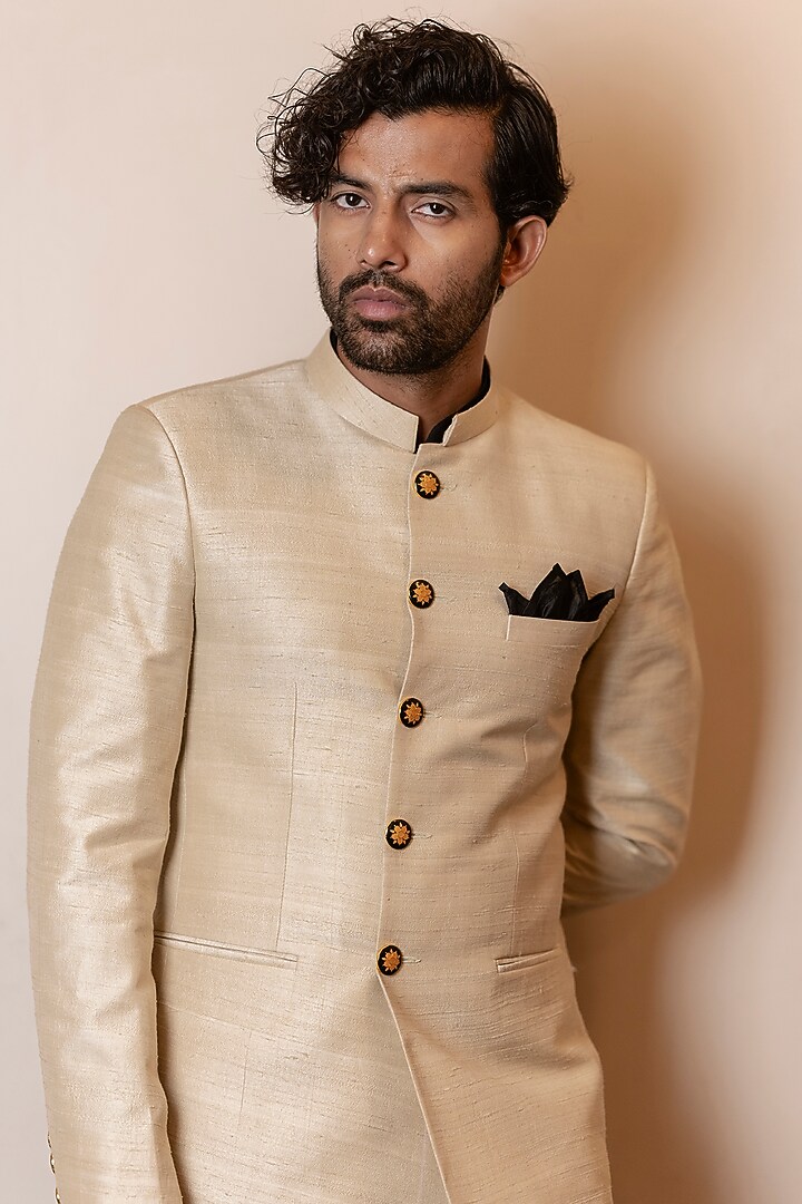 Champagne Raw Silk Wedding Bandhgala Set by Kaleidoscope at Pernia's Pop Up Shop