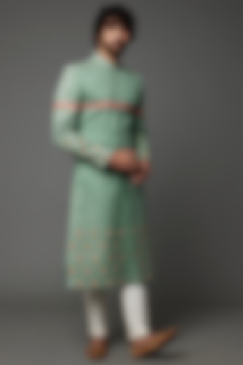 Sea Green Embroidered Wedding Sherwani by Kaleidoscope at Pernia's Pop Up Shop