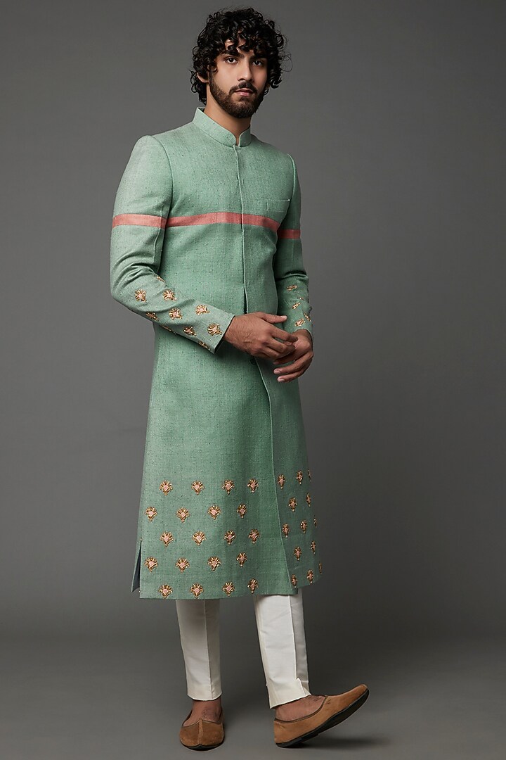 Sea Green Embroidered Wedding Sherwani by Kaleidoscope at Pernia's Pop Up Shop