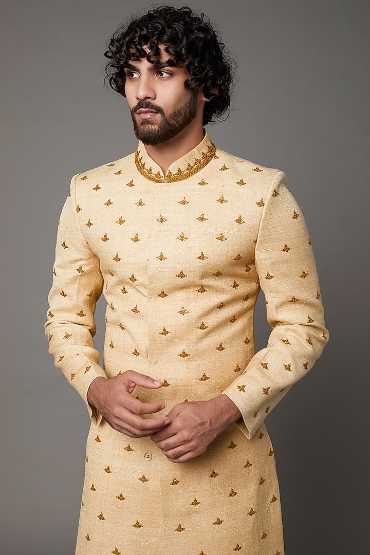 Cream Embroidered Wedding Sherwani by Kaleidoscope at Pernia's Pop Up Shop