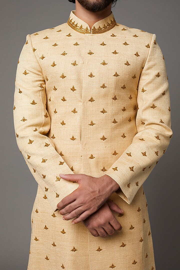 Cream Embroidered Wedding Sherwani by Kaleidoscope at Pernia's Pop Up Shop